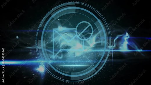 Cyber HUD emerging as shield text sparking reveal rings rotating envelope magnifier scanning mail