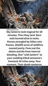 You made a wish. They paid the price. 🏮 Sky lanterns float for 10 magical minutes. Then gravity happens. They land in barn owl nests. Baby owlets burn alive. They land in dry fields. 30,000 acres of wildfires per year. They land in pastures. Horses strangle on the wire frames. Cows eat the debris and die from internal bleeding. One lantern from your wedding can travel 10 miles before it falls. You'll never see where it lands. You'll never know what it kills. "But they're biodegradable!" The wir