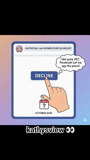 20 comments | So I just got invited to a Women Over 60 group… and while I appreciate the enthusiasm, I’m going to have to decline. I’m not quite at that stage yet, and I’d prefer Facebook not rush my timeline. Let me get there naturally, not by notification.  #kathysview #vibes #fyp #followers #shorts #haha #reels #viral #engagement #notyet | Kathy Smith | Facebook