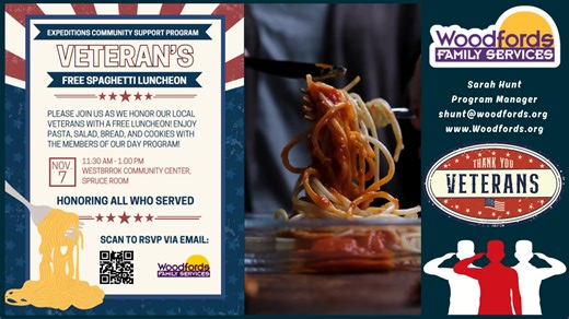 Check out this great Veterans event being put on here in the Westbrook Community Center's Spruce Room by our longtime tenants, Woodfords Family Services! RSVP for the FREE spaghetti luncheon by e-mailing shunt@woodfords.org. | Westbrook Community Center