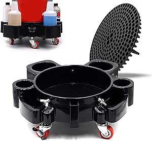 Car Wash Bucket Dolly, 5 Gallon Bucket Grit Trap, Removable Bucket Dolly, Rolling Bucket Dolly with Side Organizer for Storing Spray Bottles and Detailing Kits, Suitable for Workshop Car Washing