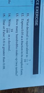 What decimal is equivalent to \frac{7}{10}?Express 0.05 as a f... | Filo
