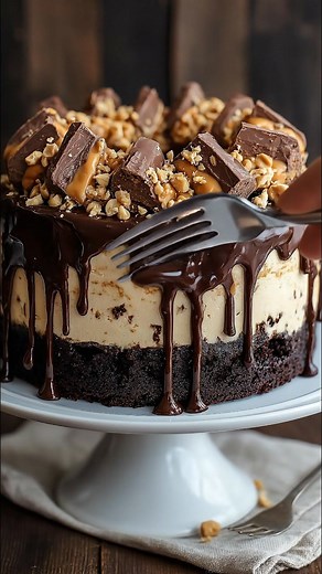 Snickers Layer Cheesecake A decadent Snickers-inspired cheesecake with a brownie base, creamy peanut filling, and chocolate caramel drip. Ingredients: Brownie Base: 1/2 cup butter 1 cup sugar 2 eggs 1/2 cup cocoa powder 1/2 cup flour Pinch of salt 1 tsp vanilla Peanut Cheesecake Layer: 24 oz cream cheese 1 cup sugar 1/2 cup peanut butter 1/2 cup sour cream 3 eggs 1 tsp vanilla 1/2 cup chopped peanuts 1/2 cup chopped chocolate bars (Snickers-style or peanut caramel bars) Chocolate Drip: 1 cup cho