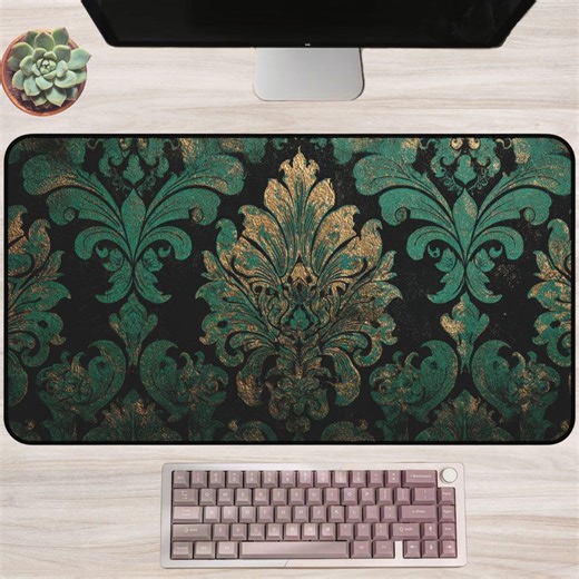 Teal Gothic Desk Mat: Ornate Damask Baroque Pattern, Black and Gold Dark Academia Office Decor, Moody Vintage Wallpaper Art - Etsy