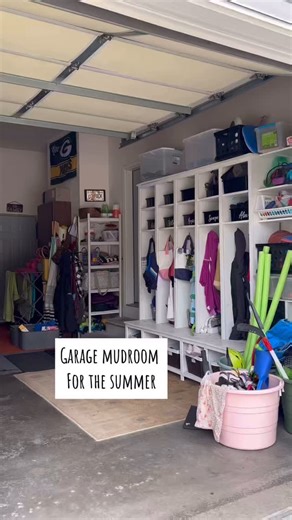 The summer mudroom. It expands to the further house side of the garage but its a huge hub for us in the summer -Each kid’s cubby holds: Activity bag, coat/sweatshirt, towel, life jacket In the baskets: their headphones (for lawn mowing, races, etc) helmet. Repeat x3 kids. -Adults have similar -The shelf by the door: Garden, tiki, and cleaning, Dog supplies (pre-packed bag), Beach/swim, Rain (pre-packed bag), Tall Rain boots, Extras -Cottage bins-when you have something that needs to head to the 