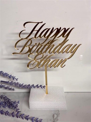 Gold Acrylic Happy Birthday Cake Topper | Elegant Script Birthday Cake Topper | Reusable Birthday Decor | Modern Cake Topper - Etsy