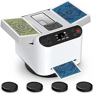 Automatic Card Shuffler and Dealer 2-in-1 for 1-12 Players with 2 Standard Cards | 360° Rotating Deal | Ultra Quiet Rechargeable Machine with 4 Remotes | Compatible with Poker, UNO & More (White)