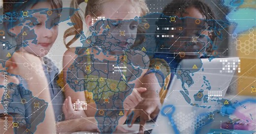 Pointing children center girl in yellow dress using silver laptop at school table showing world HUD