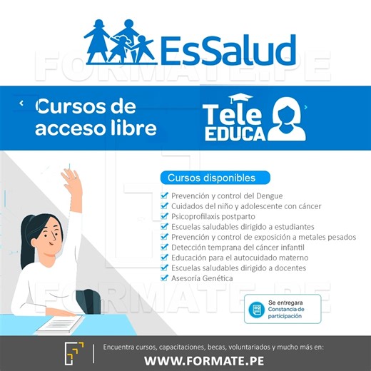 Cursos gratuitos "Programa TELE EDUCA" de ESSALUD ✅Más información👉 https://www.formate.pe/informacion-cursos-virtuales-gratuitos-programa-tele-educa-essalud-capacitaciones-salud-24183.html | Formate.pe - Cursos, Becas, Libros, Capacitaciones