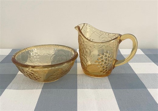 Vintage Amber Glass Creamer Sugar Set: Grape Pattern Pressed Glass Table Decor - Etsy