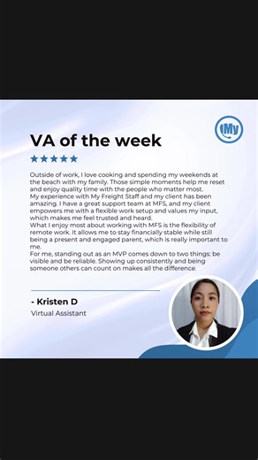 Congratulations to our 𝗠𝗩𝗣 𝗼𝗳 𝘁𝗵𝗲 𝗪𝗲𝗲𝗸! Your initiative and reliability make a real impact.🎖 To all future VAs: small wins add up. Keep improving your skills, stay consistent, and you’ll be the next one recognized. #MVPoftheWeek #VirtualAssistantJourney #MyFreightStaff #vamotivation