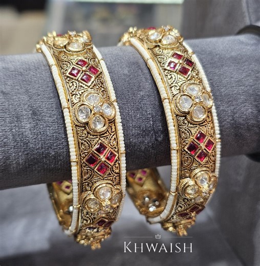 Ruby Red Antique Gold Kundan Uncut Polki Pearls Openable Silver Bangles,indian,sabyasachi Jewelry - Etsy