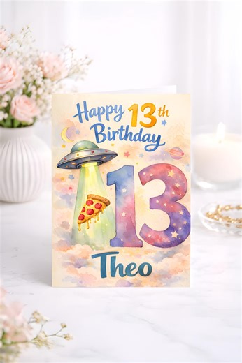 Personalised 13th Birthday Card, Alien UFO Space Theme, Teenage Boy Birthday Party, Galaxy Watercolor - Etsy UK