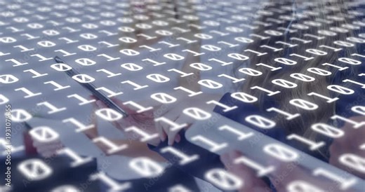 Woman's hands typing on keyboard at desk pressing keys and processing animated binary data overlay