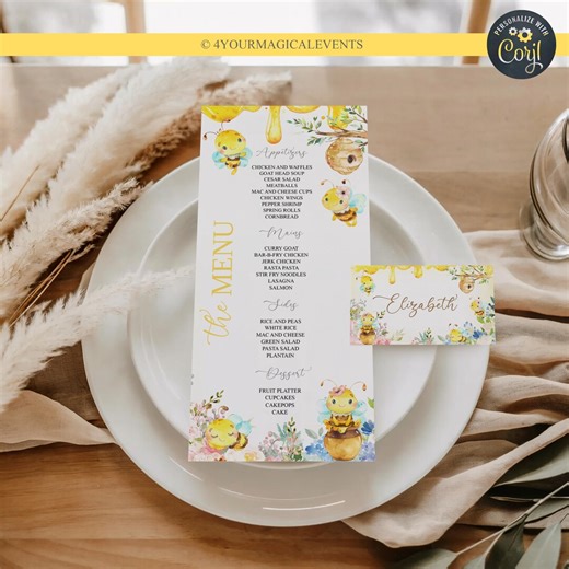 Bee Bees Bumblebee Gender Reveal Menu and Name Card, Bees Gender Reveal 4"x9" Menu and 2"x3.5" Name Tag, Digital Printable Editable Menu. - Etsy UK