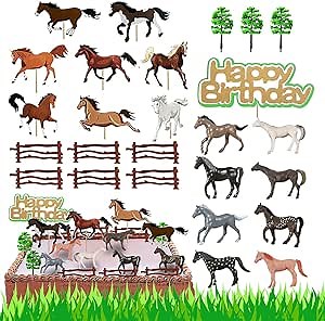 42PCS Horse Toppers Kit with Happy Birthday Cake Topper, Horse Cupcake Toppers, Horse Miniature Toys, Fence and Grasses Decorating for Horse Racing Birthday Western Cow Theme Party Decor Supply