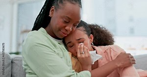 Crying, empathy and woman hugging her friend for breakup, divorce or failure in the living room. Depression, mental health and African female people with comfort for sad emotion in modern apartment.