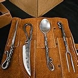 Hand Forged Medieval Cutlery Set - Viking Silverware Set With Leather Cover | High Carbon Steel - 4 Pcs Viking Utensils - Knife Fork Spoon Set - Norse Viking Cutlery Set - Viking Camping Gifts For Men