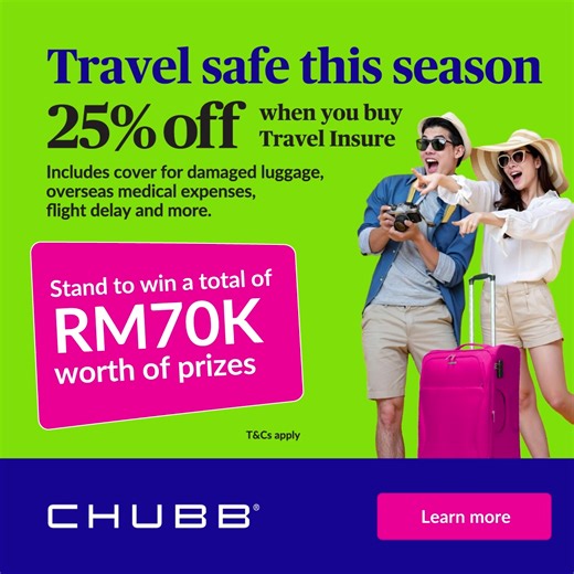 Travel smarter with Chubb’s Travel Insure! Protect your next getaway and enjoy greater peace of mind. Plus, stand a chance to win amazing prizes such as🚢 A magical Disney Cruise Line package worth RM35,000, and more! Campaign ends 31 December 2025! Find out more here: https://www.chubbtravelinsurance.com.my/cti/my-en/home/wavesofcelebration.html T&Cs apply. Refer to policy wordings for full benefits and exclusions. The benefits payable under eligible products are protected by PIDM up to limits.