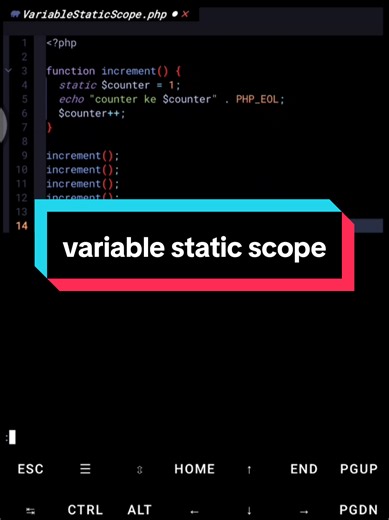 3. Variable Static Scope Variable static adalah variabel yang nilainya tidak hilang walau function selesai dijalankan. Ciri utama: • Pakai kata kunci static • Nilainya disimpan • Cocok buat hitungan atau counter Contoh: