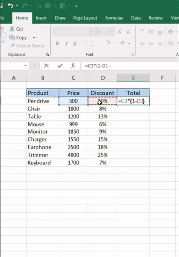 👉គណនារកតម្លៃបន្ទាប់ពី Discount 10% 💰 រូបមន្តយក តម្លៃដើម *(1-តម្លៃ Discount) Enter 📊🧑‍💻🟢 #Excel #Discount #cscomputer