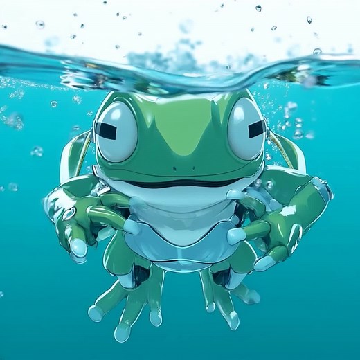 Frog swimming like fish “Tried #Midjourney v7 Omni-Reference again — this time using two reference images, turning a 2D style into something more 3D. The vibe came through nicely. But when I animated it with #Kling… I misspelled ‘frog,’ and it turned into a fish! (*Not part of the actual game.)” #AIart #AI #genai #AImovie #exelio #kling #frog