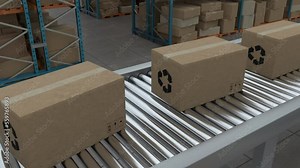 4K Loop Cardboard boxes on conveyor belt line isolated on warehouse background. 3D Animation
