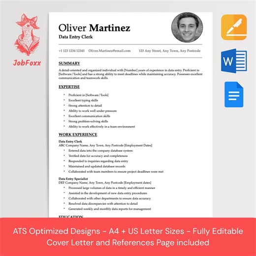 Data Entry Clerk Resume Template | Data Analytics Resume | ATS Friendly Government Resume | Administrative Data Entry CV - Etsy