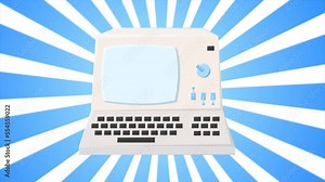 Retro computer, pc old vintage hipster for geeks from the 70s, 80s, 90s on the background of blue rays. Video in high quality 4k, motion design