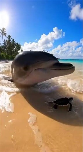 Dolphin Meets Baby Turtle: An Amazing Animal Interaction! 🐬🐢