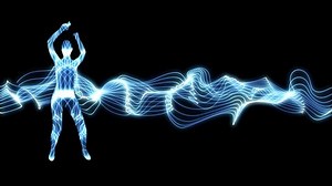 Young female dancing in digital background with moving lines.