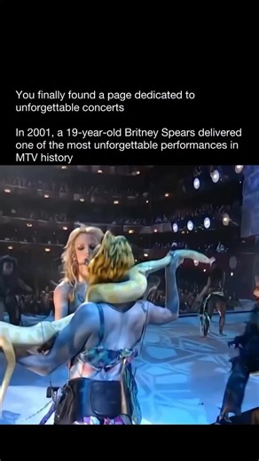 Unforgettable Concerts on Instagram: "When Britney ruled the stage. 🐍✨ In 2001, a 19-year-old Britney Spears delivered one of the most unforgettable performances in MTV history — “I’m a Slave 4 U” at the VMAs. Wearing a jeweled two-piece outfit and draped with a 7-foot albino Burmese python named Banana, she stunned the world with her confidence, choreography, and star power. Before stepping on stage, Britney revealed that her then-boyfriend Justin Timberlake gave her a few words of encourageme