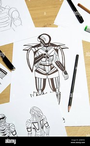 Sketches on paper of animated drawings of cyborg robots as characters for a video game. Concept art Stock Photo - Alamy