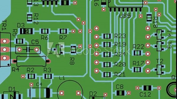 Video animation with printed circuit board of electronic device with conductors tracing, contact pads of radio elements on pcb. Engineering drawing. Computer technic cad design with animated effect.