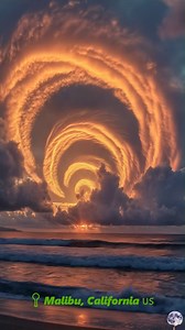a sunset over the ocean, but what makes it extraordinary is the spiral formation of clouds, glowing with radiant orange and gold light. The concentric rings appear to swirl around the setting sun, creating a surreal. The waves below mirror the sky’s warmth with cool reflections of violet and amber tones, giving the whole scene a dreamlike balance. | AstroNature