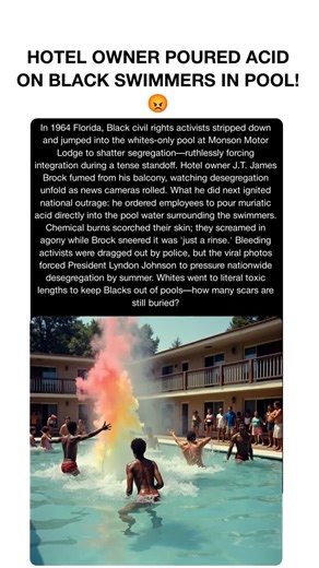 Black Daily News on Instagram: "In 1964 Florida, Black civil rights activists stripped down and jumped into the whites-only pool at Monson Motor Lodge to shatter segregation—ruthlessly forcing integration during a tense standoff. 😱 Hotel owner J.T. James Brock seethed from his balcony, eyes locked on the defiant swimmers defying Jim Crow laws amid flashing news cameras. The standoff crackled with raw tension—activists treading water, whites-only signs mocking their splash. Then Brock snapped: h