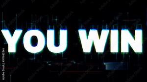 You Win" 8 bit Glitch Text Animation Loop Rendering with Alpha Channel Background 8bit Text. pixel, virtual, success, console, analog, animation, cyber, final, glow, load, display, graphic, play