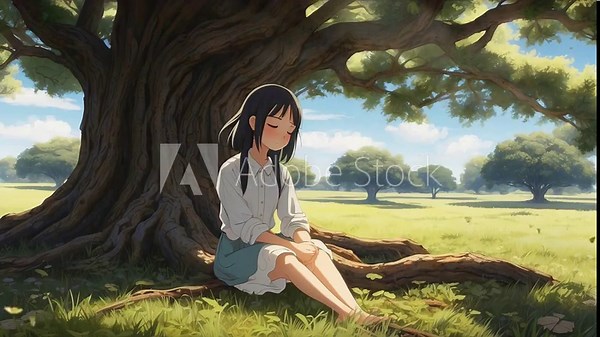 Cute anime girl sitting alone on the tree with butterfly. illustration lofi music chill and relaxed. Generative AI video looping animation