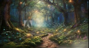 The background of the video animation, a forest path in the morning with sunlight filtering through the leaves of the trees. A fantasy world forest full of trees and beautiful butterflies