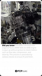 62K views · 3.7K reactions | Did you know that BMW cold-tests their engines? Every BMW B58 and B48 engine is spun up without ignition to check metrics such as flow rate, compression, and blow-by. This process is preceded by camera checks to ensure fit and finish. #bmw #b58 #engine #carbuild #fcpeuro #germancars #germanengineering | FCP Euro | Facebook