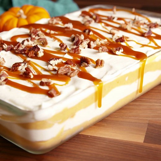 Yes, this IS the same Pumpkin Cheesecake Lasagna people flipped out about last Thanksgiving. Full recipe: http://dlsh.it/y0UcQOs | Delish
