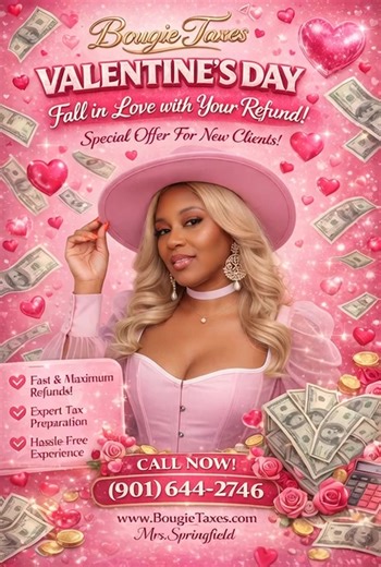 💌 Roses are red, refunds are sweet… File your taxes with me and let’s make your wallet skip a beat 💰💘 Appointments now open — don’t wait! ❤️ ❤️ ❤️ ❤️ ❤️ This Valentine’s Day, choose a tax preparer that loves your money as much as you do. ❤️ Max refunds | Stress-free filing 🔗 Text or 📞 (901)644-2746 | Bougie Taxes