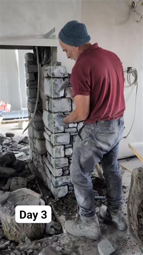 Built for a multi fuel double sided stove. Using tumbled limestone and liscannor stone. I love building fireplaces on wet days. I constructed this one with a dry joint. Every stone bedded and then the joint raked back a few mm so it can't be seen. Stone supplied by Coole Stone #selfbuildni #buildingstone #tradesmen #stonemasonry #Architecture #tradional #construction #stone #ireland #trade #limestone #liscannor #stonefireplace #art #artistsoninstagram | Vintage Stoneworks