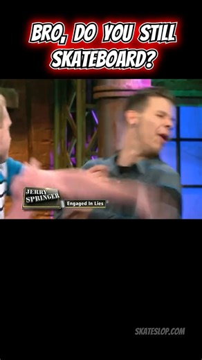 Skate Slop on Instagram: "💀 RIDE OR DIE ☠ Imagine telling your homies you don’t skate anymore. Yeah, that’s not gonna fly. This meme has it all—drama, comedy, and a punch that’s more than deserved. Straight from the Jerry Springer Show, we’ve got one guy laughing off the question, “Bro, do you still skateboard?” with a casual “Not anymore.” Meanwhile, the other dude’s reaction? Disbelief, then anger, then BAM—fist to the face. Because here’s the deal: once you’re in the skate crew, there’s no b