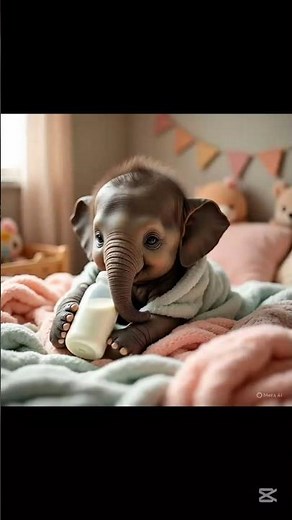 “Tiny baby elephant 🐘 cozy in a warm room, sipping milk 🍼 in soft gentle light.”