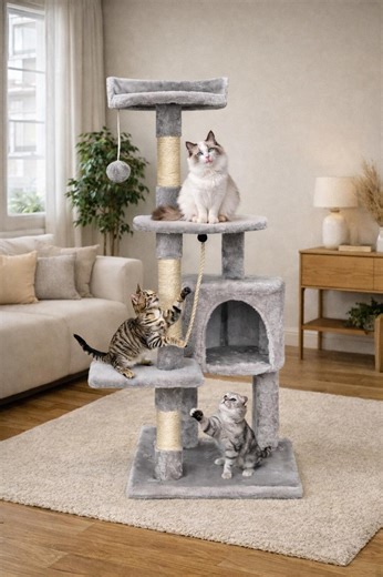 Multi-level Grey Cat Tree – Scratching Post With Cave, Platforms & Toys | Indoor Designer Cat Tower - Etsy