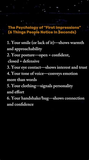 First impressions are made in seconds—but what do people actually notice? These 6 things shape how others see you. Which one do you focus on when meeting someone new? #FirstImpressions #Psychology #SocialSkills #Communication #Personality #LifeSkills #Confidence | Ms. Liz Journal