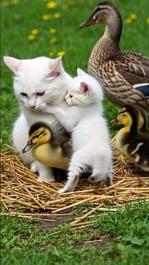 The Cutest Family Ever! Cat, Kitten, & Ducklings Together