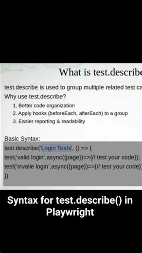 Syntax for test.describe() in #playwright #education #playwrighttutorial #testautomation