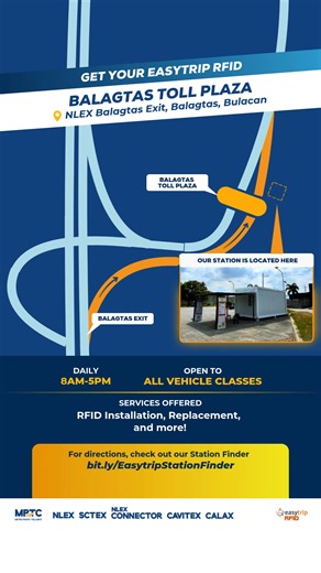 Need an Easytrip RFID for your fleet? ​ ​ Visit our station near Balagtas Toll Plaza from 8AM-5PM and get yours installed for FREE!​ ​ Open to all vehicle classes!​ ​ Easytip! Complete the requirements and bring your vehicle for faster transaction.​ ​ Book an appointment now! Call 1-35000 or email us at customercare@mptc.com.ph. | Easytrip Services Corporation